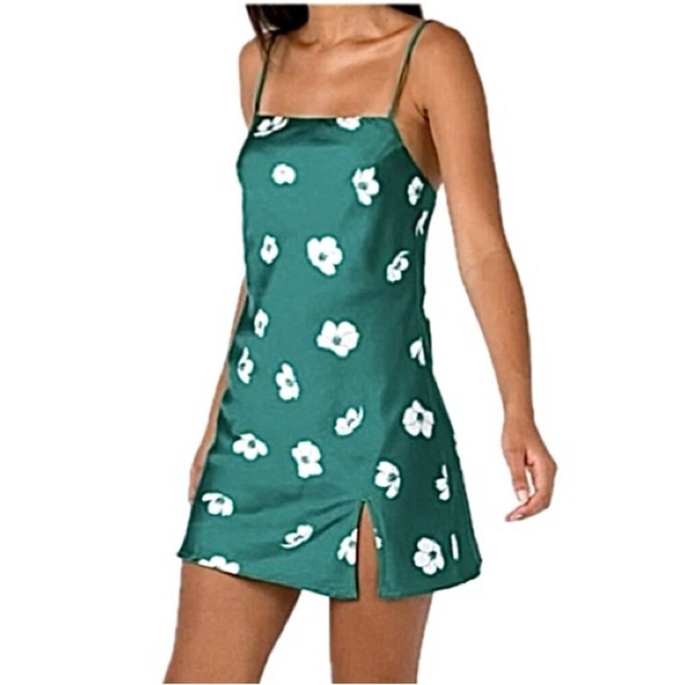 Princess Polly Satin Floral Slipdress Size 6 Kelly Green A-Line Mini Dress Y2K